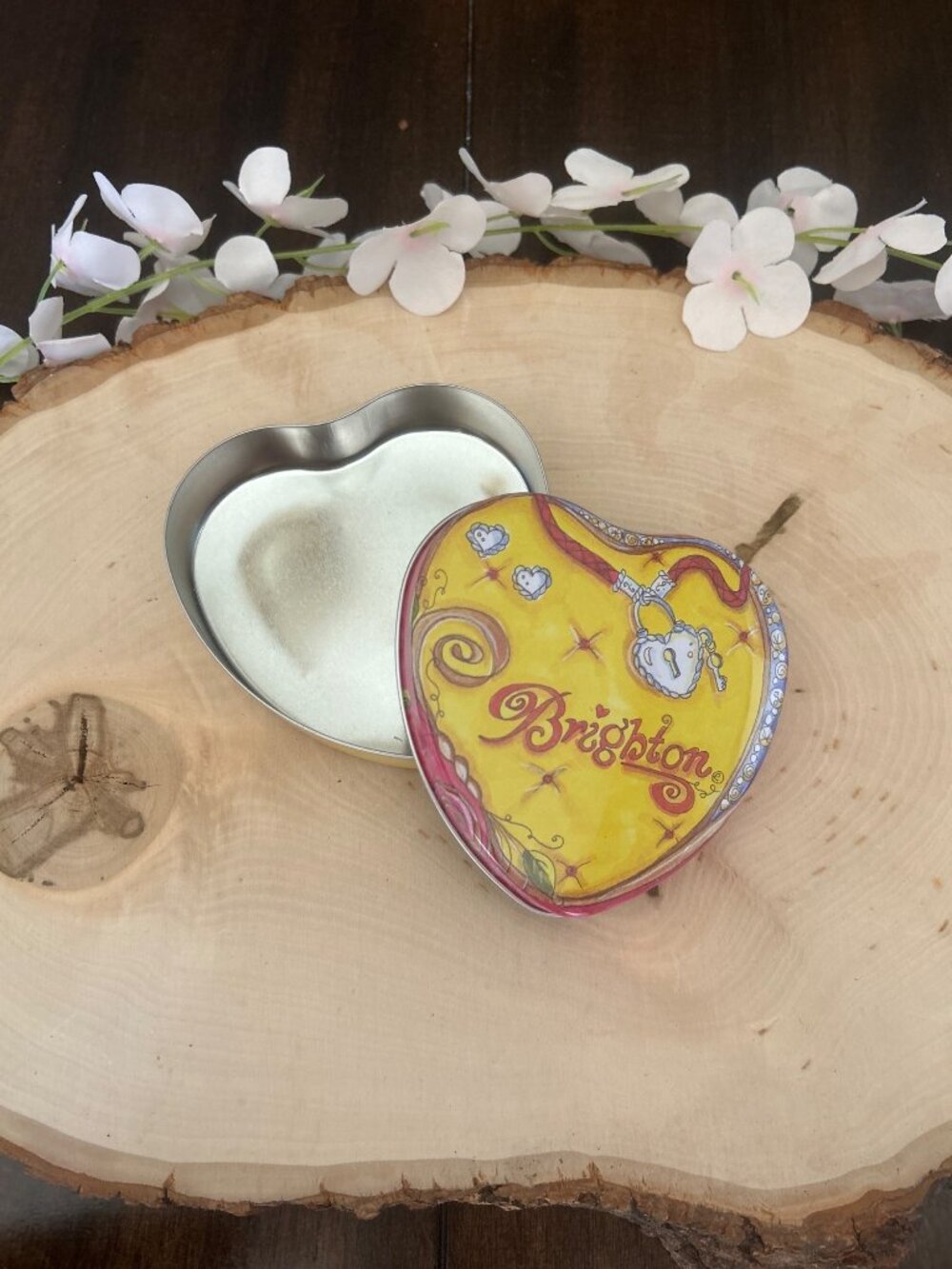 Brighton Yellow Heart Shaped Tin Box Jewelry Storage Swirl Design Lot of 2